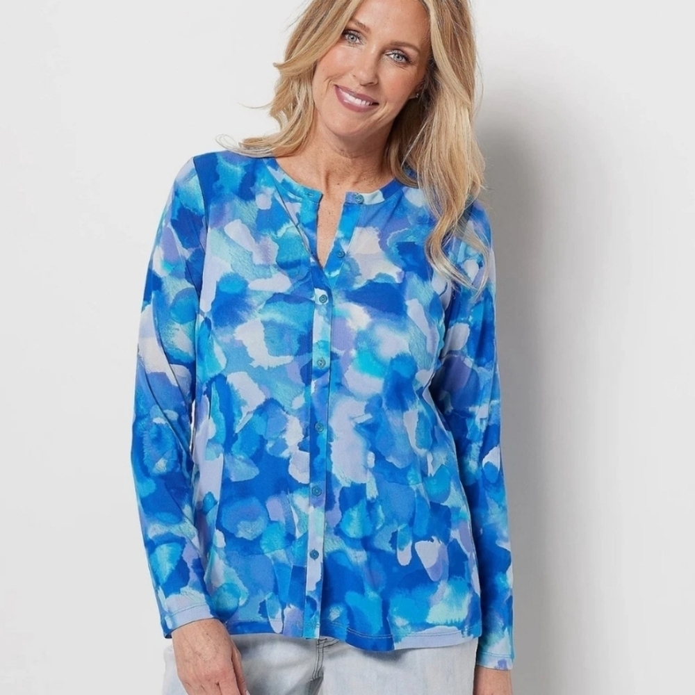 LOGO Layers Lori Goldstein Watercolor Printed Mesh Cardigan Blue Sea Size 3X